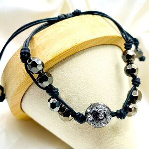 Black wax covered adjustable beaded ball rhinestone bracelet